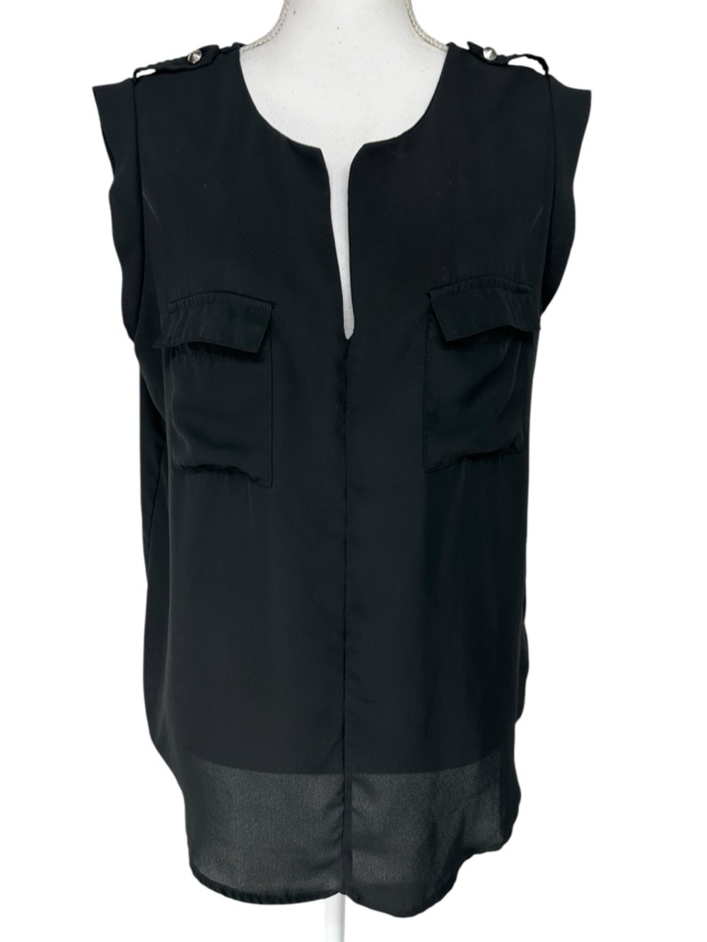 MOSSIMO / Black V-Neck Sheer Tank Top Blouse / Shoulder Strap Details / Large